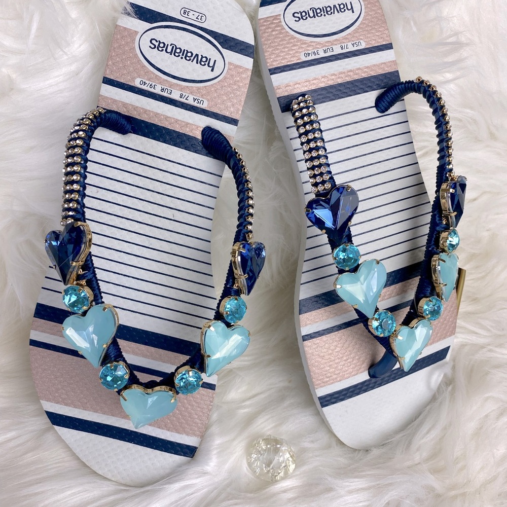 NWT HAVAIANAS Embelleced Blue/White color Sandals Flip Flops Size 7/8